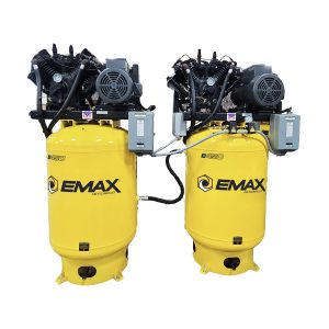 EMAX (2) SOLO Alternating Silent Air Industrial Plus 10HP V4 38CFM (each) 3- Phase 208V 2-Stage 120 Gal. Vertical Stationary Electric Air Compressor-W/ Pressure Lube Pump , Isolator Pads, Belt Tensioner, Auto Drain, lead/ Lag alternating switch