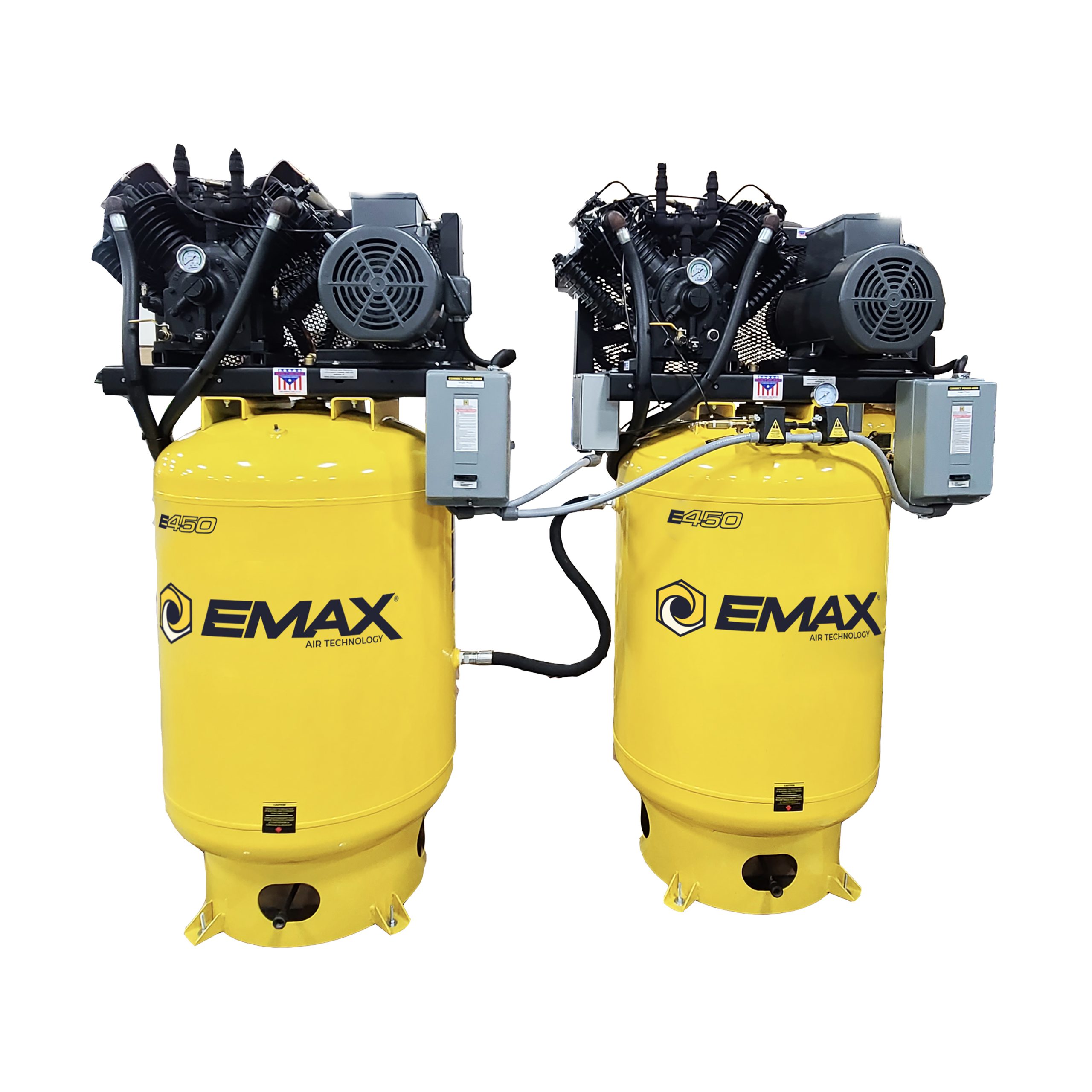EMAX (2) SOLO Alternating Silent Air Industrial Plus 10HP V4 38CFM (each) 3- Phase 208V 2-Stage 120 Gal. Vertical Stationary Electric Air Compressor-W/ Pressure Lube Pump , Isolator Pads, Belt Tensioner, Auto Drain, lead/ Lag alternating switch