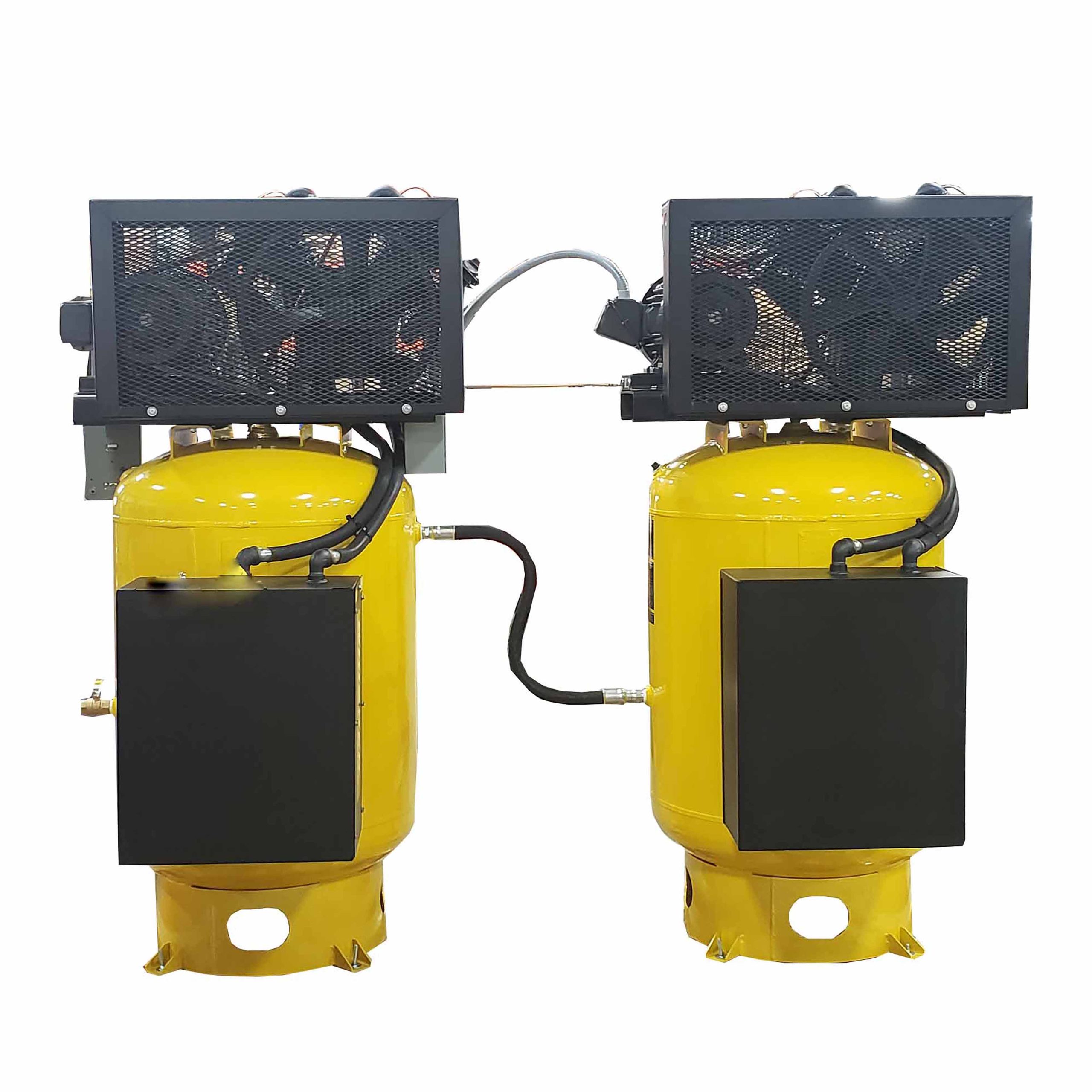 EMAX (2) SOLO Alternating Silent Air Industrial Plus 10HP V4 38CFM (each) 3- Phase 208V 2-Stage 120 Gal. Vertical Stationary Electric Air Compressor-W/ Pressure Lube Pump , Isolator Pads, Belt Tensioner, Auto Drain, lead/ Lag alternating switch - Image 2