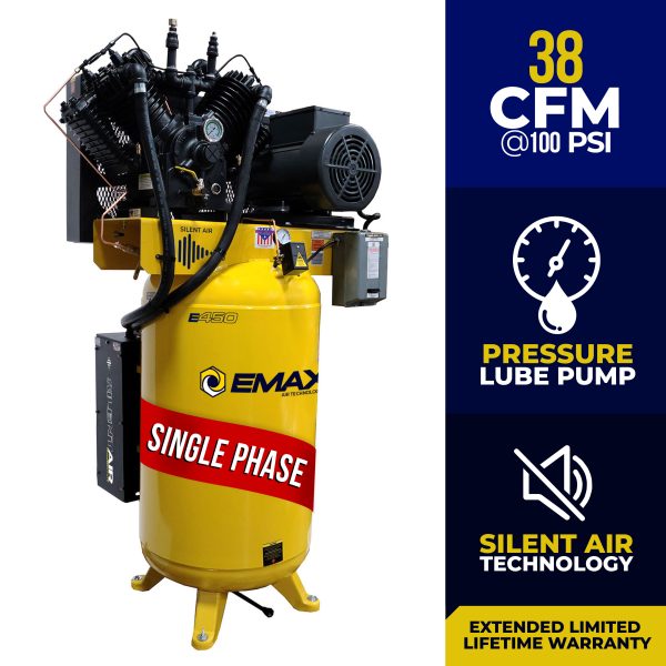 EMAX Silent Air Industrial Plus 10HP 38CFM 3- Phase 208V 2-Stage 80 Gal. Vertical Stationary Electric Air Compressor-W/ Pressure Lube Pump , Isolator Pads, Belt Tensioner, Continuous Run, Auto Drain