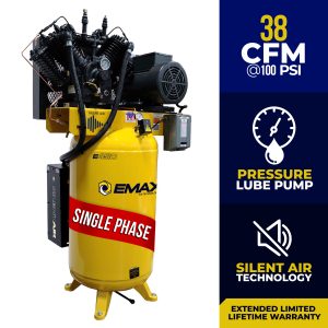 EMAX Silent Air Industrial Plus 10HP 38CFM 3- Phase 460V 2-Stage 80 Gal. Vertical Stationary Electric Air Compressor-W/ Pressure Lube Pump , Isolator Pads, Belt Tensioner, Continuous Run, Auto Drain