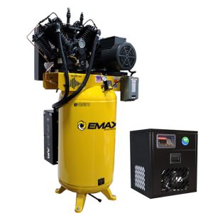 EMAX Silent Air Industrial Plus 10HP 38CFM 3- Phase 460V 2-Stage 80 Gal. Vertical Stationary Electric Air Compressor-W/ Pressure Lube Pump , Isolator Pads, Belt Tensioner, Continuous Run, Auto Drain w/ 58CFM Dryer
