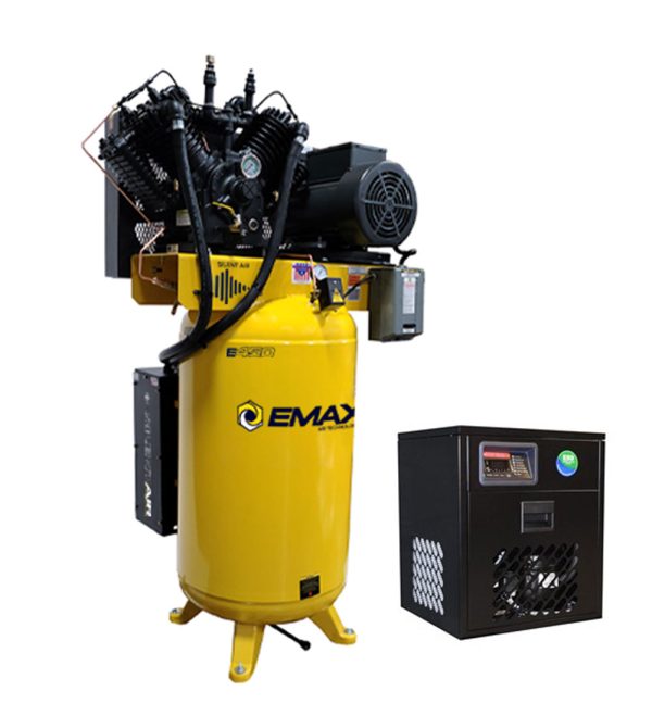 EMAX Silent Air Industrial Plus 10HP 38CFM 3- Phase 460V 2-Stage 80 Gal. Vertical Stationary Electric Air Compressor-W/ Pressure Lube Pump , Isolator Pads, Belt Tensioner, Continuous Run, Auto Drain w/ 58CFM Dryer