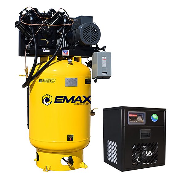 EMAX Silent Air Industrial Plus 10HP V4 38CFM 3- Phase 208V 2-Stage 120 Gal. Vertical Stationary Electric Air Compressor-W/ Pressure Lube Pump , Isolator Pads, Belt Tensioner, Continuous Run, Auto Drain w/ 58CFM Dryer