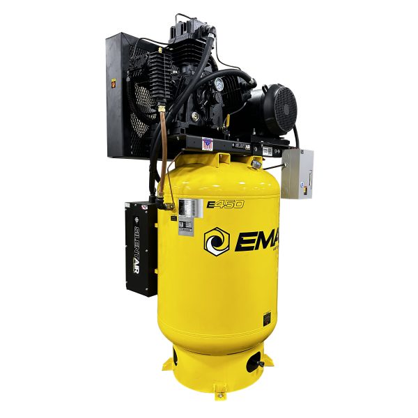 EMAX Silent Air Industrial Plus 15HP 3CYL 57CFM 3- Phase 208V 2-Stage 120 Gal. Vertical Stationary Electric Air Compressor-W/ Pressure Lube Pump , Isolator Pads, Belt Tensioner, Continuous Run, Auto Drain Bundled w/ 115CFM Refrigerated Air Dryer - Image 4
