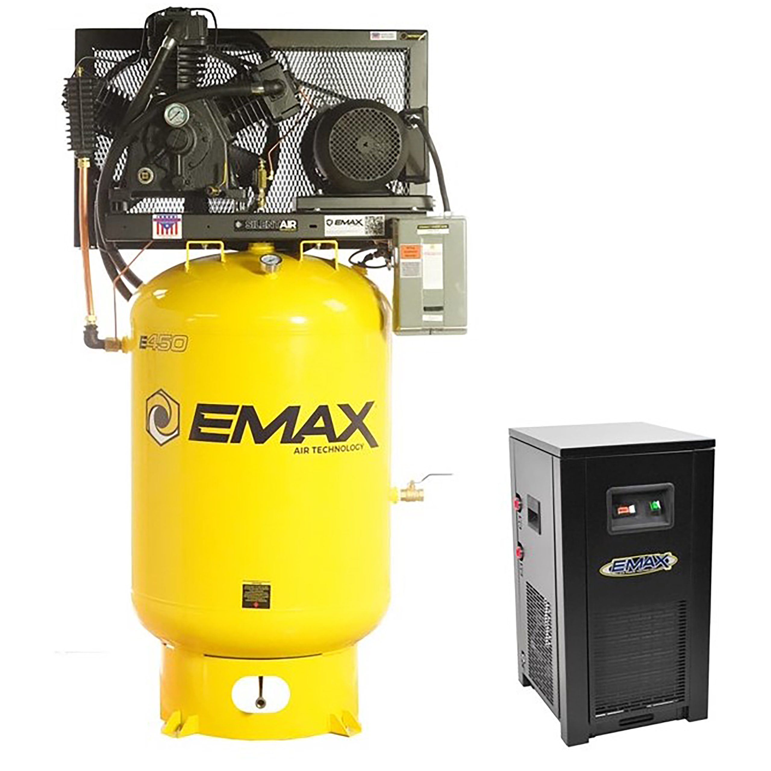 EMAX Silent Air Industrial Plus 15HP 3CYL 57CFM 3- Phase 208V 2-Stage 120 Gal. Vertical Stationary Electric Air Compressor-W/ Pressure Lube Pump , Isolator Pads, Belt Tensioner, Continuous Run, Auto Drain w/ 115CFM Dryer