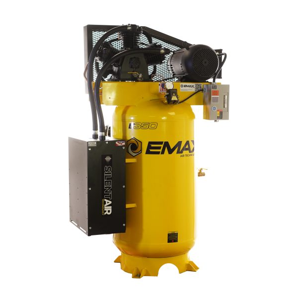 EMAX Silent Air Industrial 7.5HP 26CFM 1-Phase 3CYL 2 Stage 80 Gal.Vertical Stationary Electric Air Compressor-w/Splash Lube Pump,w/Isolator Pads
