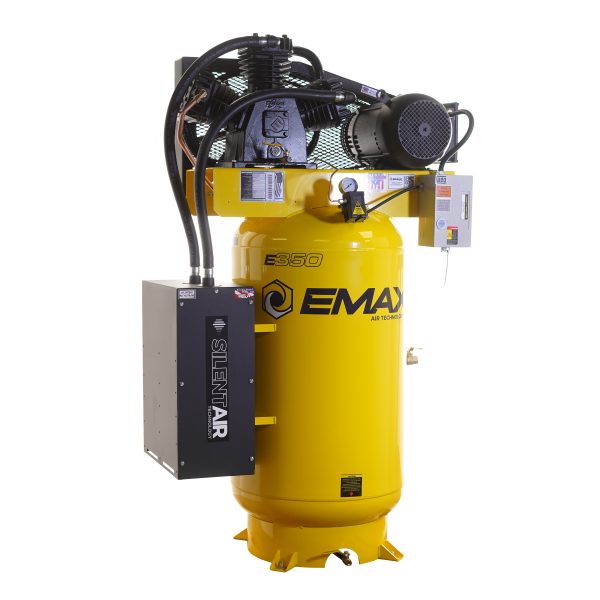 EMAX Silent Air Industrial 7.5HP 3CYL MAX FLOW  2-Stage 1Ph 35.2CFM 80 Ga. Air Compressor, Splash Lubricated, w/isolator pads