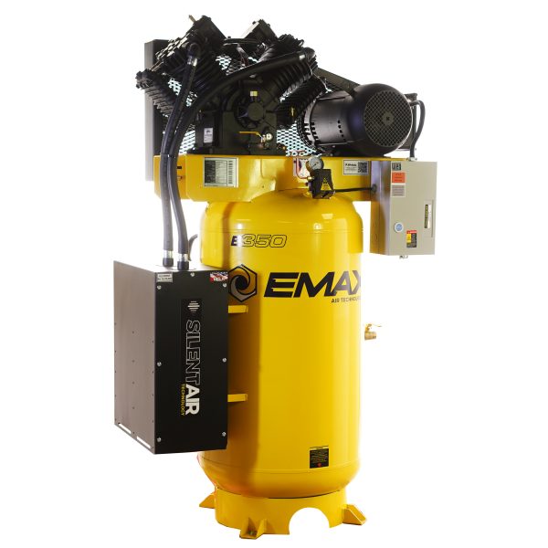 EMAX Silent Air Industrial 10HP V4 Two Stage 1Ph 38CFM 80 Gallon Air Compressor w/isolator pads - Splash Lubricated, w/isolator pads