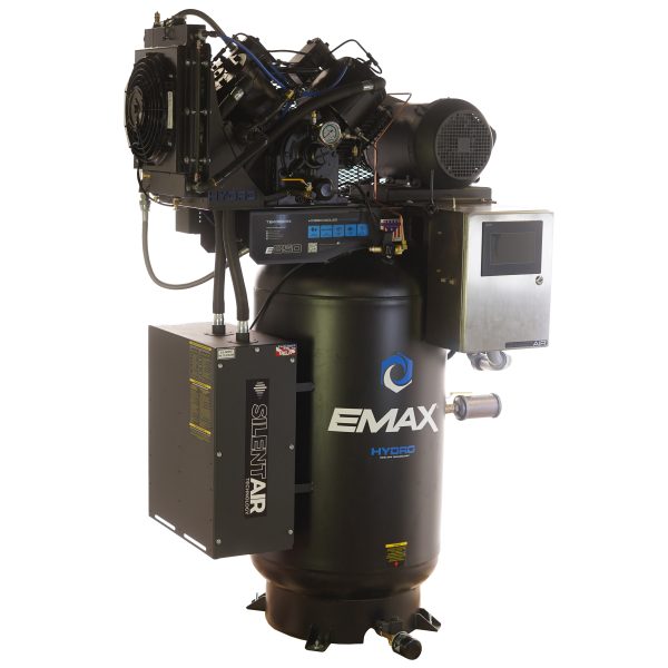 EMAX Hydro SMART AIR® Silent Air 10HP 38CFM 3 Phase 460 Volt 2-Stage 80 Gal. Air Compressor-W/ Pressure Lube Pump , Isolator Pads, Belt Tensioner, Continuous Run, Auto Drain, Water cooled pump, Radiator, Smart PLC, low Oil Shutdown, 100% Duty Cycle,With WIFI Connection - Image 2