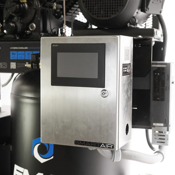 EMAX Hydro SMART AIR® Silent Air 10HP 38CFM 3 Phase 460 Volt 2-Stage 80 Gal. Air Compressor-W/ Pressure Lube Pump , Isolator Pads, Belt Tensioner, Continuous Run, Auto Drain, Water cooled pump, Radiator, Smart PLC, low Oil Shutdown, 100% Duty Cycle,With WIFI Connection - Image 7