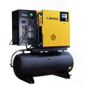 EMAX 15HP 3PH 460V 62CFM Rotary Screw Swing Arm :: 115CFM Dryer :: 120 Gallon Horizontal Tank - Matte Black w/ Auto Drain & Hydraulic Hoses