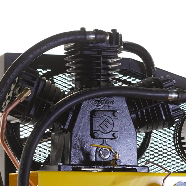 EMAX Industrial 7.5HP 3CYL MAX FLOW Two Stage 1Ph 33CFM @100PSI 80 Gallon Industrial Solid Cast Iron Air Compressor, Industrial Ceramic disc valves w/isolator pads - Splash Lube Pump