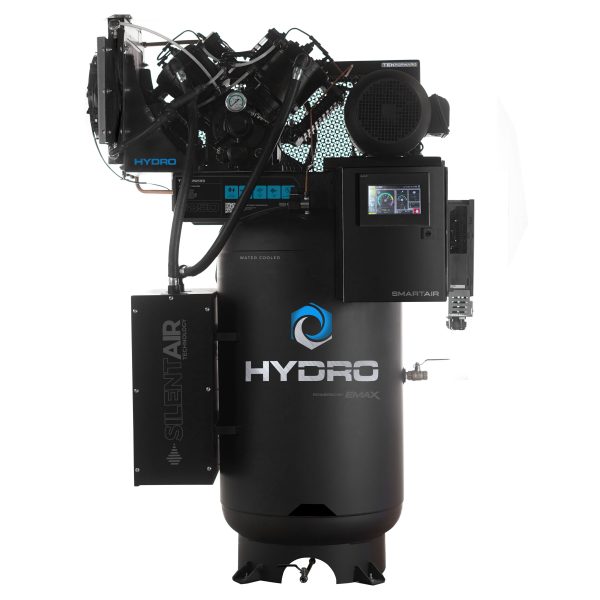 EMAX Hydro SMART AIR® Silent Air 10HP 38CFM 3 Phase 208 Volt 2-Stage 80 Gal. Air Compressor-W/ Pressure Lube Pump , Isolator Pads, Belt Tensioner, Continuous Run, Auto Drain, Water cooled pump, Radiator, Smart PLC, low Oil Shutdown, 100% Duty Cycle,With WIFI Connection - Image 10