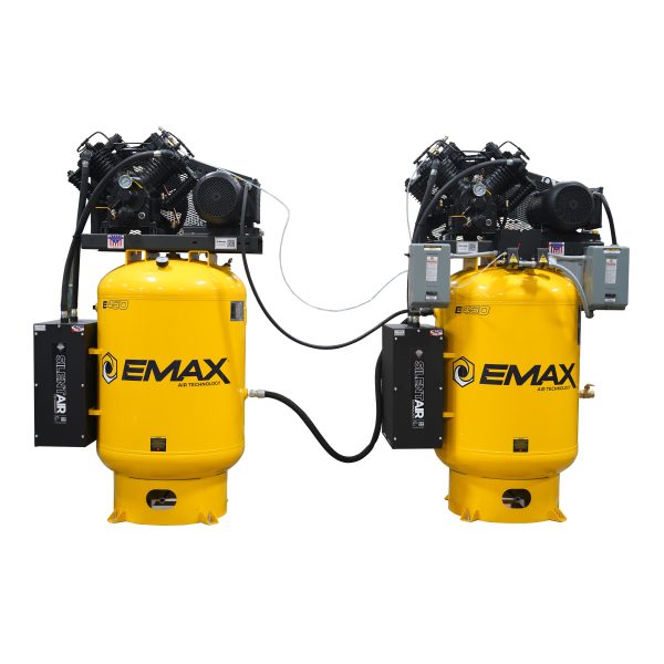 EMAX (2) SOLO Alternating Silent Air Industrial Plus 10HP V4 38CFM (each) 3- Phase 460V 2-Stage 120 Gal. Vertical Stationary Electric Air Compressor-W/ Pressure Lube Pump , Isolator Pads, Belt Tensioner, Auto Drain, lead/ Lag alternating switch