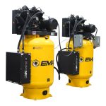 EMAX (2) SOLO Alternating Silent Air Industrial Plus 10HP V4 38CFM (each) 3- Phase 460V 2-Stage 120 Gal. Vertical Stationary Electric Air Compressor-W/ Pressure Lube Pump , Isolator Pads, Belt Tensioner, Auto Drain, lead/ Lag alternating switch