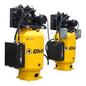 EMAX (2) SOLO Alternating Silent Air Industrial Plus 10HP V4 38CFM (each) 1- Phase 2-Stage 120 Gal. Vertical Stationary Electric Air Compressor-W/ Pressure Lube Pump , Isolator Pads, Belt Tensioner, Auto Drain, lead/ Lag alternating switch