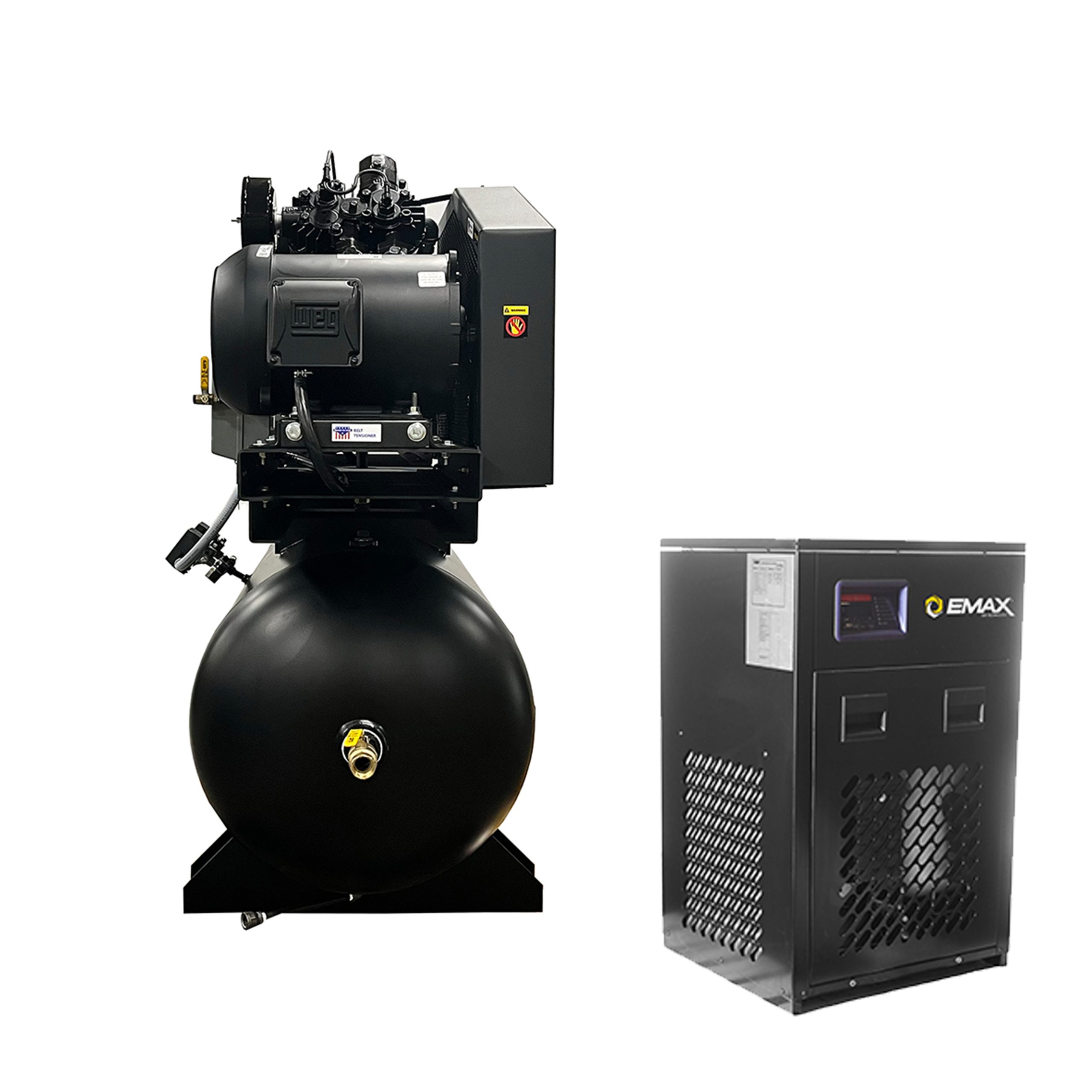 EMAX Duplex  Silent Air Industrial Plus 7.5HP V4 62CFM 1- Phase 2-Stage 120 Gal. Horizontal Stationary Electric Air Compressor-W/ Pressure Lube Pump , Isolator Pads, Belt Tensioner, Auto Drain, alternating switch w/ 115CFM Dryer - Image 6