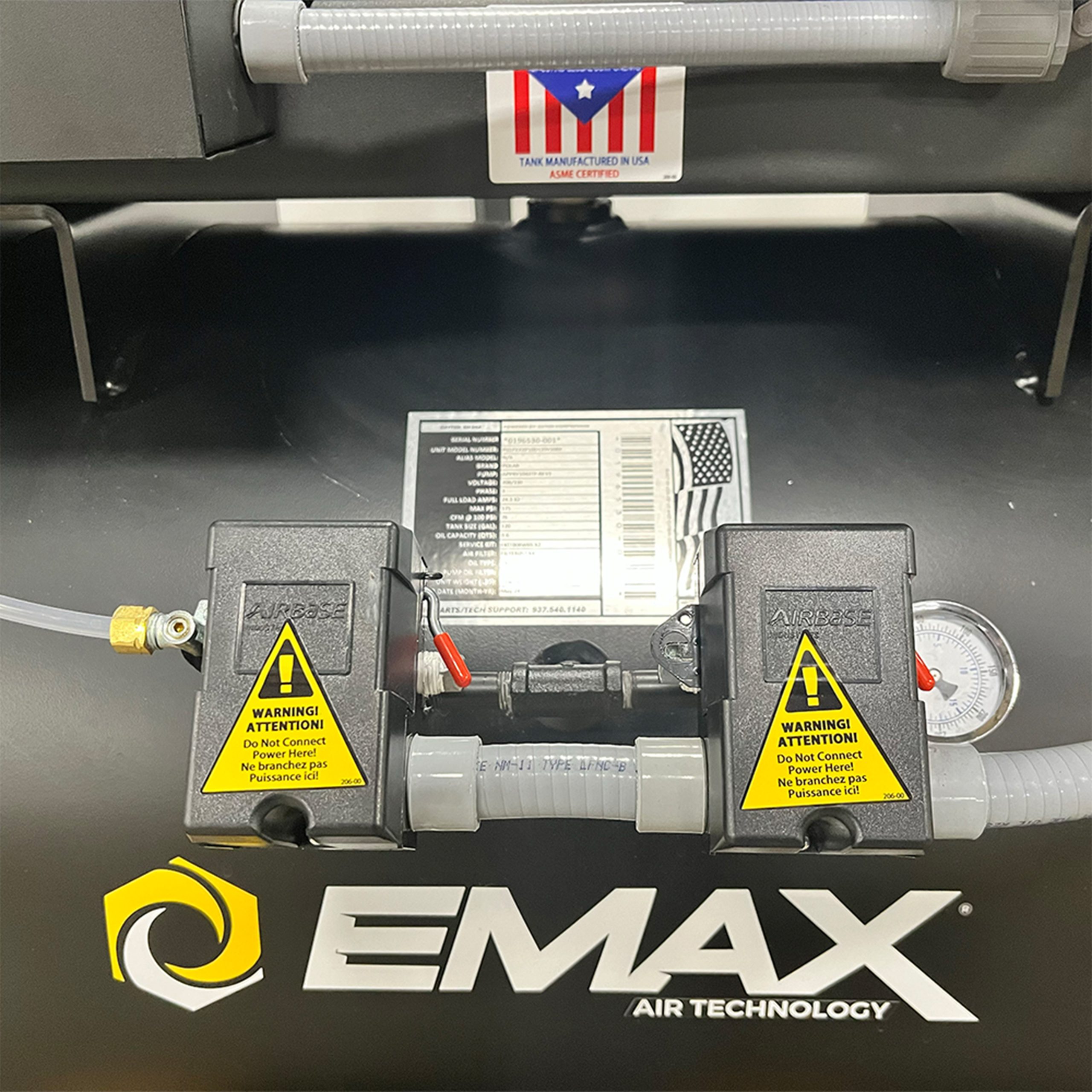 EMAX Duplex  Silent Air Industrial Plus 7.5HP V4 62CFM 1- Phase 2-Stage 120 Gal. Horizontal Stationary Electric Air Compressor-W/ Pressure Lube Pump , Isolator Pads, Belt Tensioner, Auto Drain, alternating switch w/ 115CFM Dryer - Image 4
