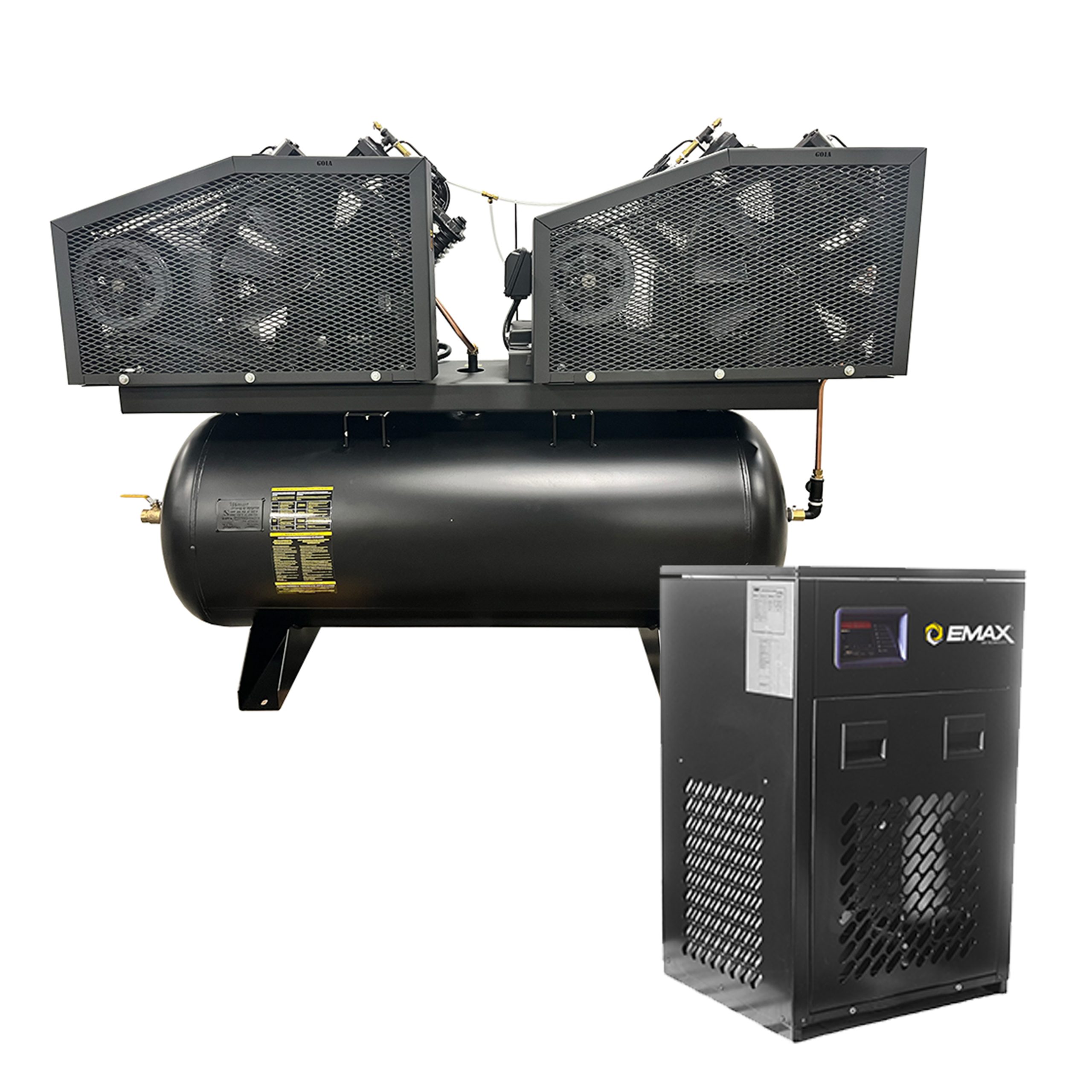 EMAX Duplex  Silent Air Industrial Plus 7.5HP V4 62CFM 1- Phase 2-Stage 120 Gal. Horizontal Stationary Electric Air Compressor-W/ Pressure Lube Pump , Isolator Pads, Belt Tensioner, Auto Drain, alternating switch w/ 115CFM Dryer - Image 3