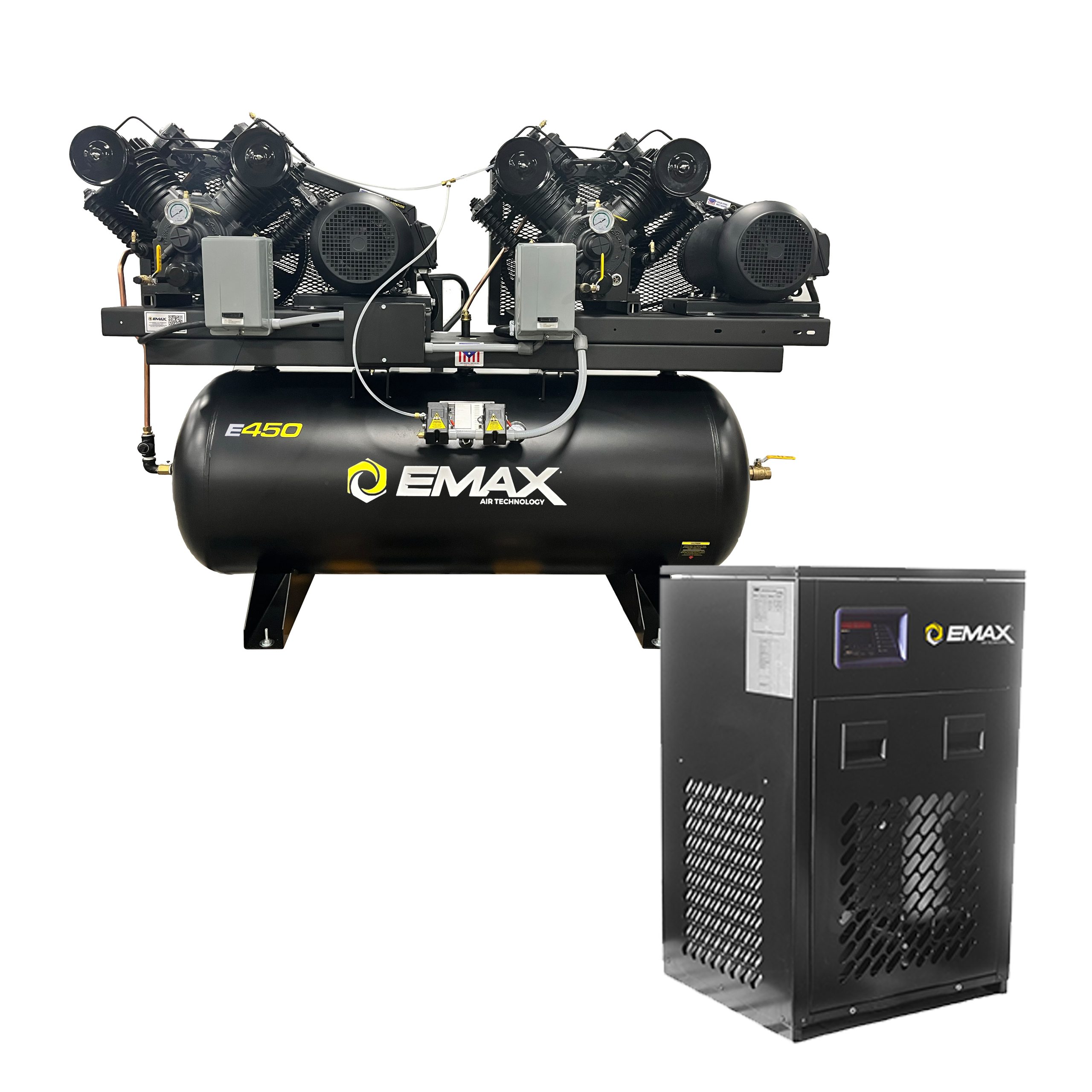 EMAX Duplex  Silent Air Industrial Plus 7.5HP V4 62CFM 1- Phase 2-Stage 120 Gal. Horizontal Stationary Electric Air Compressor-W/ Pressure Lube Pump , Isolator Pads, Belt Tensioner, Auto Drain, alternating switch w/ 115CFM Dryer