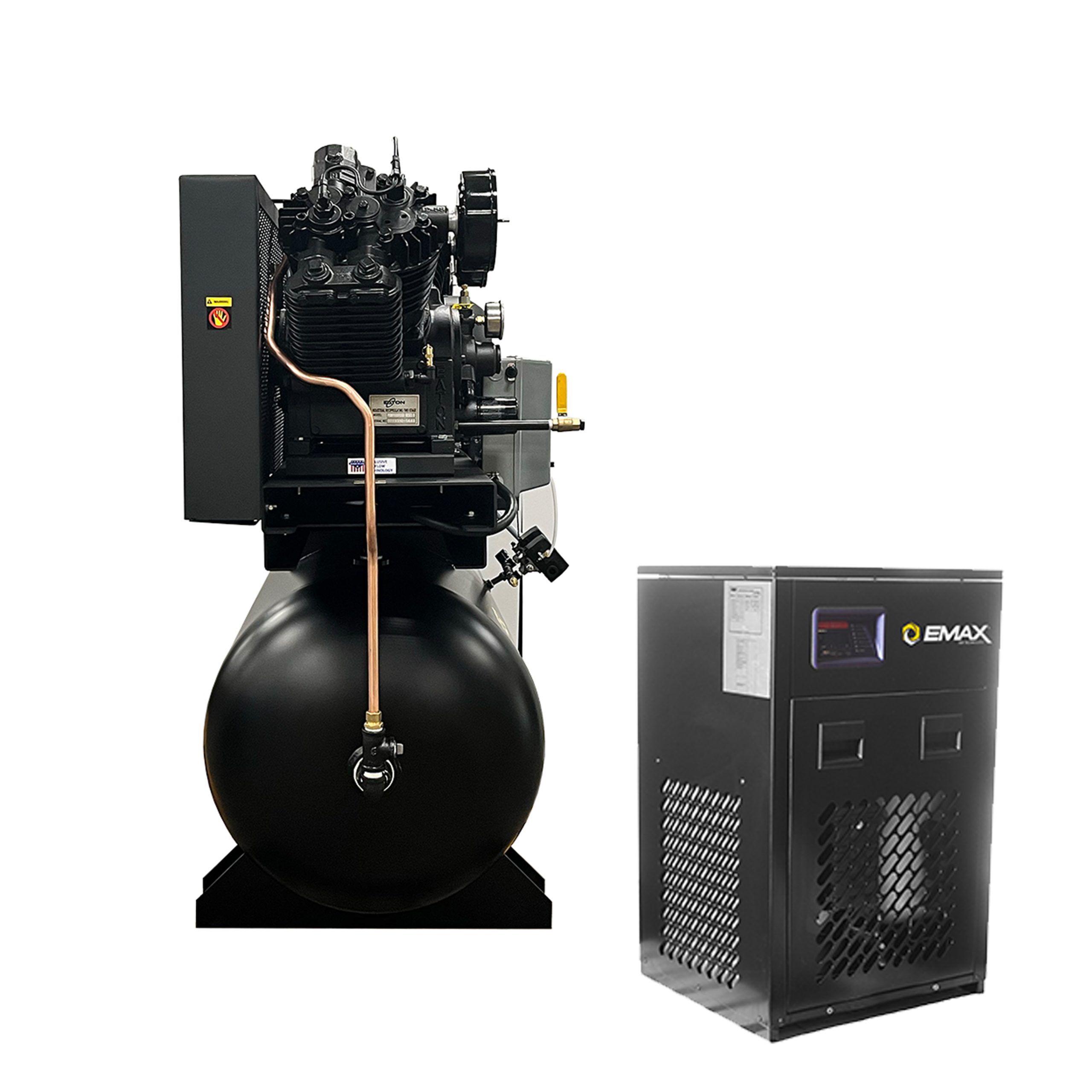 EMAX Duplex  Silent Air Industrial Plus 7.5HP V4 62CFM 1- Phase 2-Stage 120 Gal. Horizontal Stationary Electric Air Compressor-W/ Pressure Lube Pump , Isolator Pads, Belt Tensioner, Auto Drain, alternating switch w/ 115CFM Dryer - Image 2