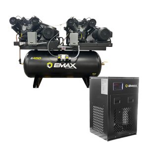 EMAX Duplex  Silent Air Industrial Plus 7.5HP V4 62CFM 3 Phase 460V  2-Stage 120 Gal. Horizontal Stationary Electric Air Compressor-W/ Pressure Lube Pump , Isolator Pads, Belt Tensioner, Auto Drain, alternating switch w/ 115CFM Dryer