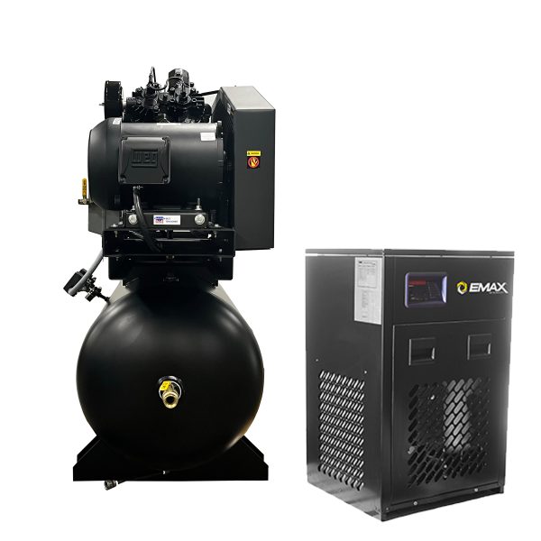 EMAX Duplex  Silent Air Industrial Plus 7.5HP V4 62CFM 3 Phase 460V  2-Stage 120 Gal. Horizontal Stationary Electric Air Compressor-W/ Pressure Lube Pump , Isolator Pads, Belt Tensioner, Auto Drain, alternating switch w/ 115CFM Dryer - Image 4