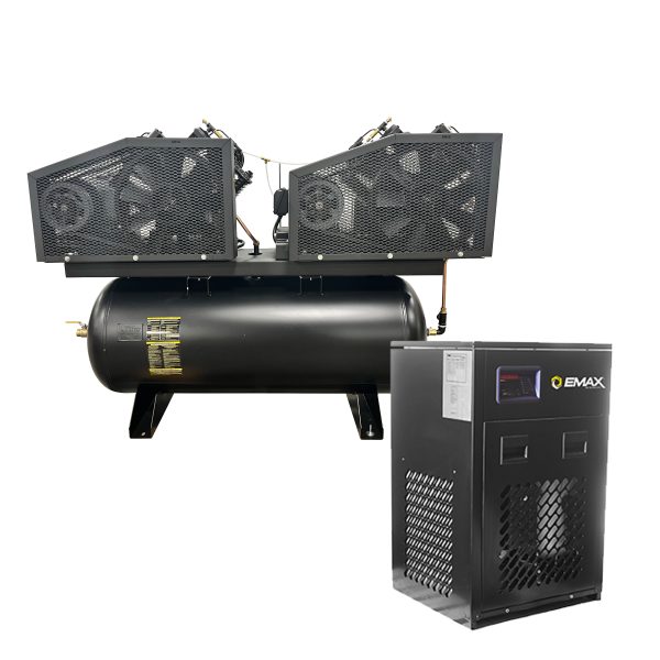 EMAX Duplex  Silent Air Industrial Plus 7.5HP V4 62CFM 3 Phase 460V  2-Stage 120 Gal. Horizontal Stationary Electric Air Compressor-W/ Pressure Lube Pump , Isolator Pads, Belt Tensioner, Auto Drain, alternating switch w/ 115CFM Dryer - Image 6