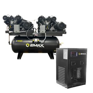 EMAX DUPLEX Industrial Plus 10HP V4 76CFM 1- Phase 2-Stage 120 Gal. Horizontal Stationary Electric Air Compressor-W/ Pressure Lube Pump , Isolator Pads, Belt Tensioner, Auto Drain, alternating switch w/ 115CFM Dryer