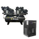 EMAX Duplex Silent Air Industrial Plus 10HP V4 76CFM 1- Phase 2-Stage 120 Gal. Horizontal Stationary Electric Air Compressor-W/ Pressure Lube Pump , Isolator Pads, Belt Tensioner, Auto Drain, alternating switch w/ 115CFM Dryer