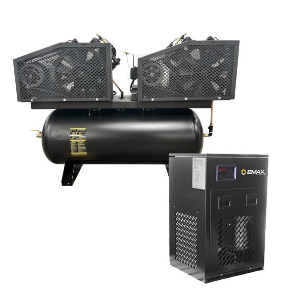EMAX DUPLEX Industrial Plus 10HP V4 76CFM 1- Phase 2-Stage 120 Gal. Horizontal Stationary Electric Air Compressor-W/ Pressure Lube Pump , Isolator Pads, Belt Tensioner, Auto Drain, alternating switch w/ 115CFM Dryer - Image 2
