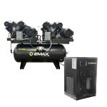 EMAX Duplex  Silent Air Industrial Plus 10HP V4 76CFM 3- Phase 460V 2-Stage 120 Gal. Horizontal Stationary Electric Air Compressor-W/ Pressure Lube Pump , Isolator Pads, Belt Tensioner, Auto Drain, alternating switch w/ 115CFM Dryer