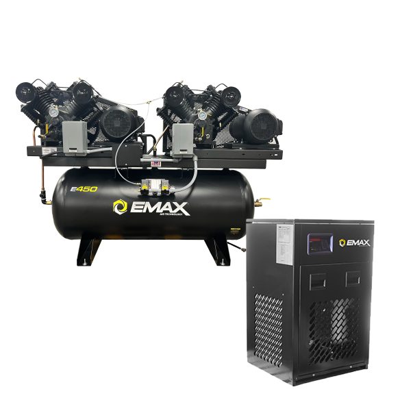 EMAX Duplex  Silent Air Industrial Plus 7.5HP V4 62CFM 3 Phase 208V  2-Stage 120 Gal. Horizontal Stationary Electric Air Compressor-W/ Pressure Lube Pump , Isolator Pads, Belt Tensioner, Auto Drain, alternating switch w/ 115CFM Dryer