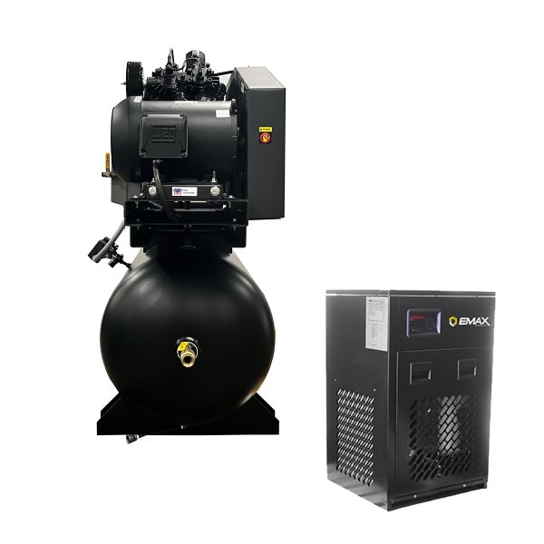 EMAX Duplex  Silent Air Industrial Plus 7.5HP V4 62CFM 3 Phase 208V  2-Stage 120 Gal. Horizontal Stationary Electric Air Compressor-W/ Pressure Lube Pump , Isolator Pads, Belt Tensioner, Auto Drain, alternating switch w/ 115CFM Dryer - Image 6