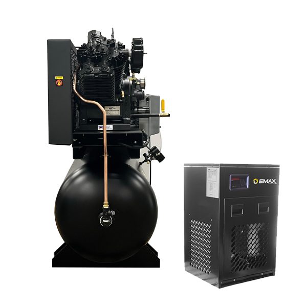 EMAX Duplex  Silent Air Industrial Plus 7.5HP V4 62CFM 3 Phase 208V  2-Stage 120 Gal. Horizontal Stationary Electric Air Compressor-W/ Pressure Lube Pump , Isolator Pads, Belt Tensioner, Auto Drain, alternating switch w/ 115CFM Dryer - Image 5