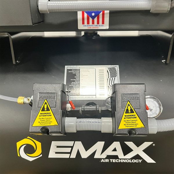 EMAX Duplex  Silent Air Industrial Plus 7.5HP V4 62CFM 3 Phase 208V  2-Stage 120 Gal. Horizontal Stationary Electric Air Compressor-W/ Pressure Lube Pump , Isolator Pads, Belt Tensioner, Auto Drain, alternating switch w/ 115CFM Dryer - Image 3