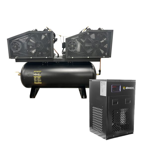 EMAX Duplex  Silent Air Industrial Plus 10HP V4 76CFM 3- Phase 208V 2-Stage 120 Gal. Horizontal Stationary Electric Air Compressor-W/ Pressure Lube Pump , Isolator Pads, Belt Tensioner, Auto Drain, alternating switch w/ 115CFM Dryer - Image 2
