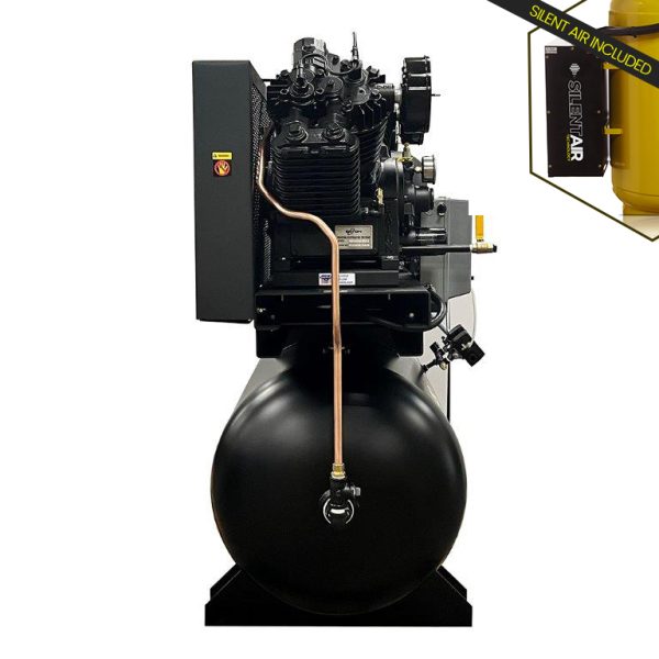 EMAX Duplex  Silent Air Industrial Plus 7.5HP V4 62CFM 3 Phase 208V  2-Stage 120 Gal. Horizontal Stationary Electric Air Compressor-W/ Pressure Lube Pump , Isolator Pads, Belt Tensioner, Auto Drain, alternating switch - Image 5
