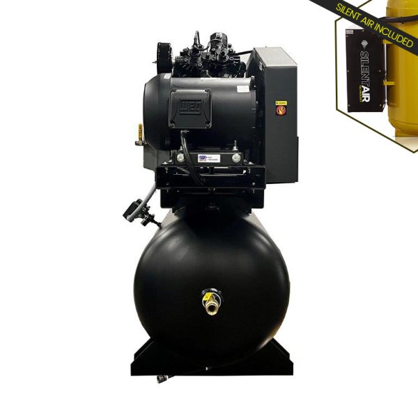 EMAX Duplex  Silent Air Industrial Plus 7.5HP V4 62CFM 3 Phase 208V  2-Stage 120 Gal. Horizontal Stationary Electric Air Compressor-W/ Pressure Lube Pump , Isolator Pads, Belt Tensioner, Auto Drain, alternating switch - Image 6