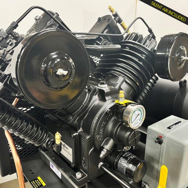 EMAX Duplex  Silent Air Industrial Plus 7.5HP V4 62CFM 3 Phase 208V  2-Stage 120 Gal. Horizontal Stationary Electric Air Compressor-W/ Pressure Lube Pump , Isolator Pads, Belt Tensioner, Auto Drain, alternating switch - Image 4