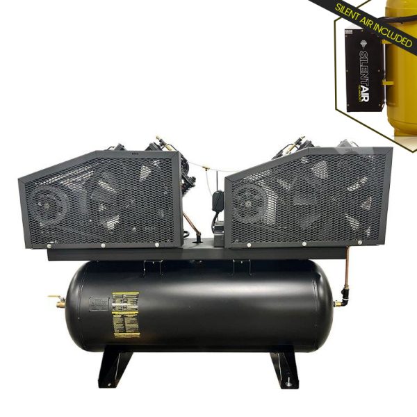 EMAX Duplex  Silent Air Industrial Plus 7.5HP V4 62CFM 3 Phase 208V  2-Stage 120 Gal. Horizontal Stationary Electric Air Compressor-W/ Pressure Lube Pump , Isolator Pads, Belt Tensioner, Auto Drain, alternating switch - Image 2