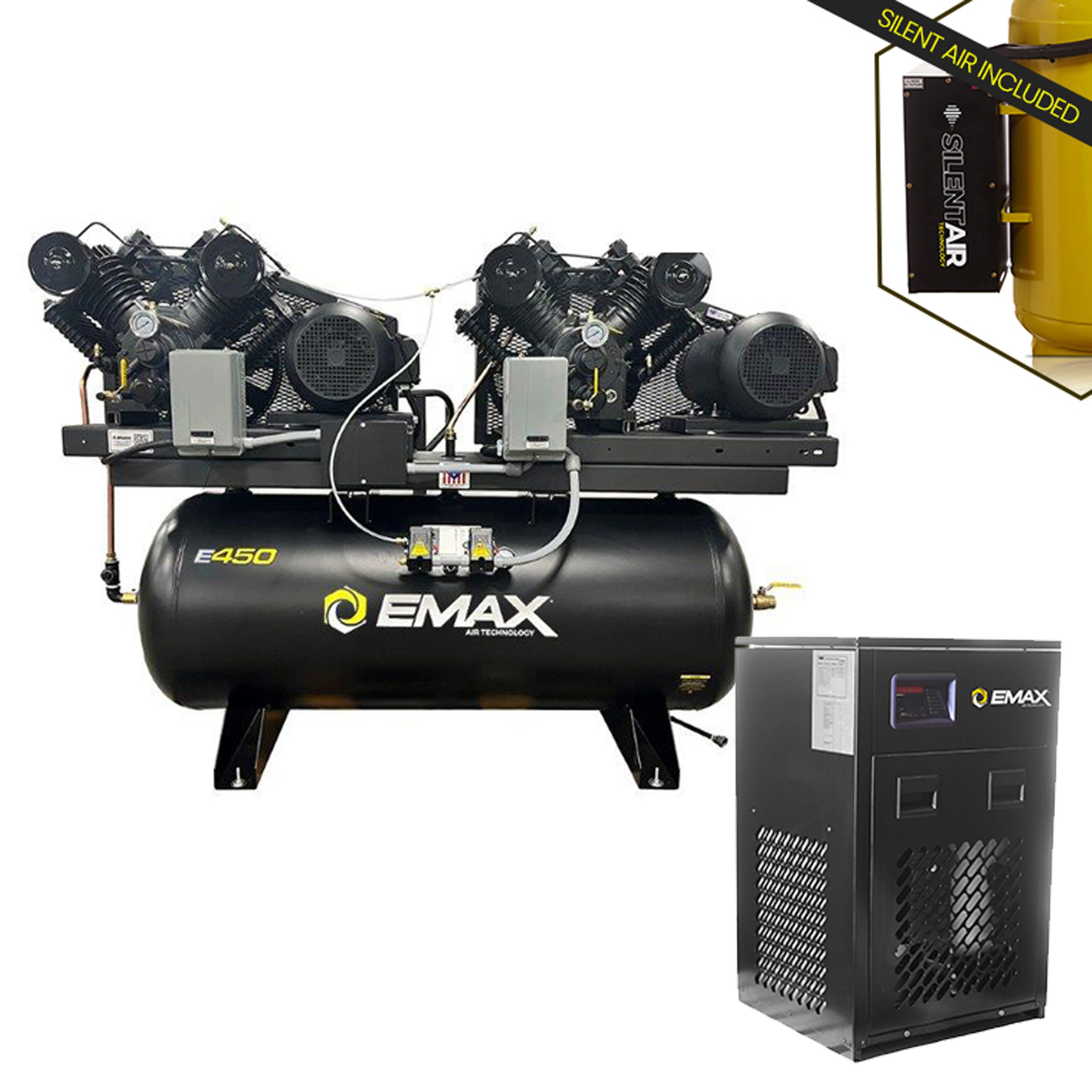 EMAX DUPLEX Industrial Plus 7.5HP V4 62CFM 1- Phase 2-Stage 120 Gal. Horizontal Stationary Electric Air Compressor-W/ Pressure Lube Pump , Isolator Pads, Belt Tensioner, Auto Drain, alternating switch w/ 115CFM Dryer