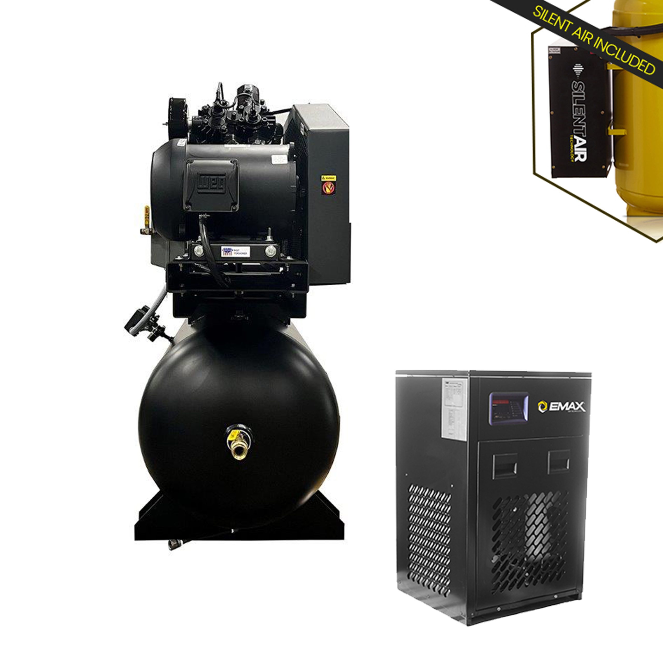 EMAX DUPLEX Industrial Plus 7.5HP V4 62CFM 1- Phase 2-Stage 120 Gal. Horizontal Stationary Electric Air Compressor-W/ Pressure Lube Pump , Isolator Pads, Belt Tensioner, Auto Drain, alternating switch w/ 115CFM Dryer - Image 4