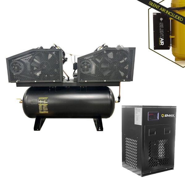EMAX DUPLEX Industrial Plus 7.5HP V4 62CFM 3 Phase 208V 2-Stage 120 Gal. Horizontal Stationary Electric Air Compressor-W/ Pressure Lube Pump , Isolator Pads, Belt Tensioner, Auto Drain, alternating switch w/ 115CFM Dryer - Image 5