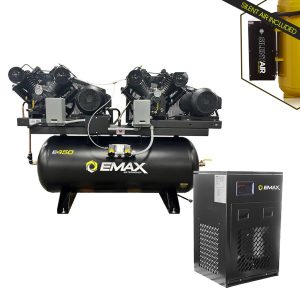 EMAX DUPLEX Industrial Plus 7.5HP V4 62CFM 3 Phase 208V 2-Stage 120 Gal. Horizontal Stationary Electric Air Compressor-W/ Pressure Lube Pump , Isolator Pads, Belt Tensioner, Auto Drain, alternating switch w/ 115CFM Dryer
