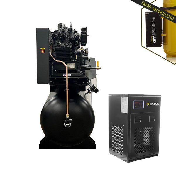 EMAX DUPLEX Industrial Plus 7.5HP V4 62CFM 3 Phase 208V 2-Stage 120 Gal. Horizontal Stationary Electric Air Compressor-W/ Pressure Lube Pump , Isolator Pads, Belt Tensioner, Auto Drain, alternating switch w/ 115CFM Dryer - Image 4