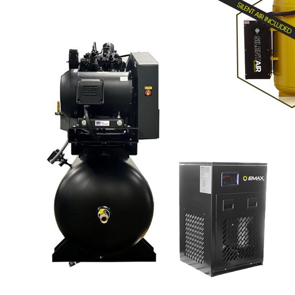 EMAX DUPLEX Industrial Plus 7.5HP V4 62CFM 3 Phase 208V 2-Stage 120 Gal. Horizontal Stationary Electric Air Compressor-W/ Pressure Lube Pump , Isolator Pads, Belt Tensioner, Auto Drain, alternating switch w/ 115CFM Dryer - Image 3