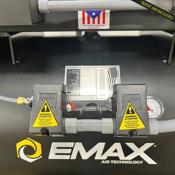 EMAX DUPLEX 7.5HP / 15HP V4 62CFM 3 Phase 460V 2-Stage 120 Gal. Horizontal Stationary Electric Air Compressor-W/ Pressure Lube Pump , Isolator Pads, Belt Tensioner, Auto Drain, alternating switch, w/115CFM Refrigerated Air Dryer - Image 3