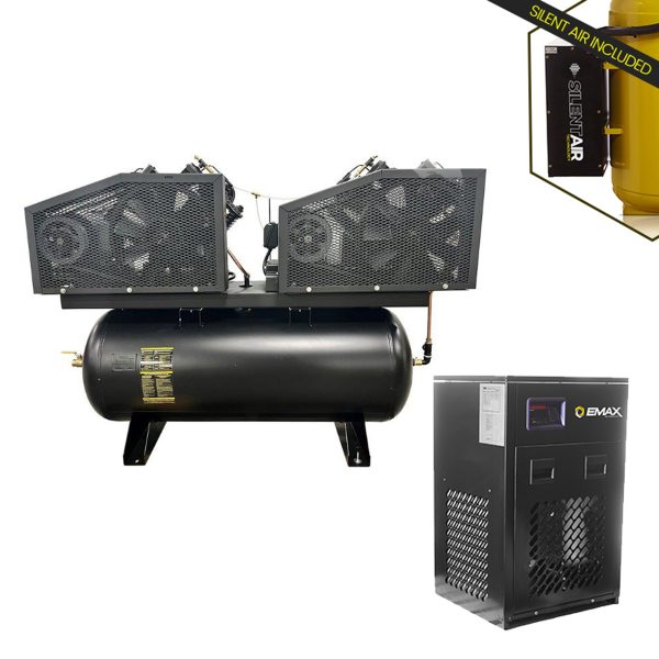 EMAX DUPLEX 7.5HP / 15HP V4 62CFM 3 Phase 460V 2-Stage 120 Gal. Horizontal Stationary Electric Air Compressor-W/ Pressure Lube Pump , Isolator Pads, Belt Tensioner, Auto Drain, alternating switch, w/115CFM Refrigerated Air Dryer - Image 2